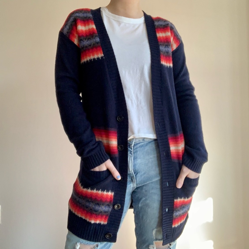 Gap Navy Blue & Red Lambs Wool Fair Isle Cardigan Sweater